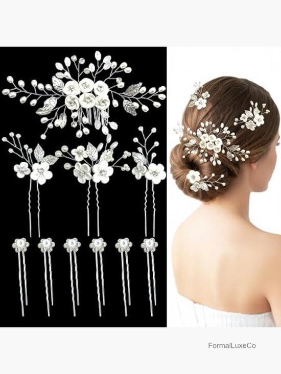 10 Piece Silver Wedding Hair Pins Set Pearl Rhinestone Bridal Hair Accessories